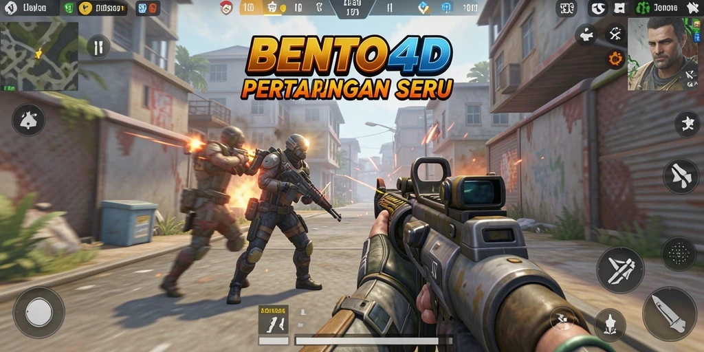 Screenshot gameplay BENTO4D menampilkan aksi tembak-menembak yang mendebarkan.
