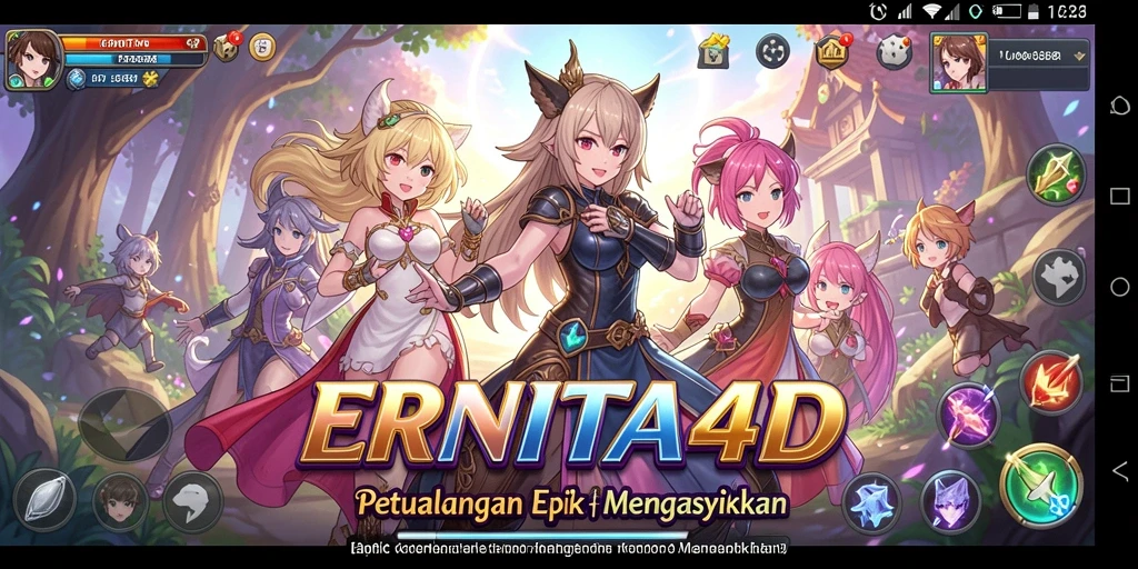 Screenshot utama ERNITA4D menampilkan karakter yang beraksi dalam pertempuran seru.