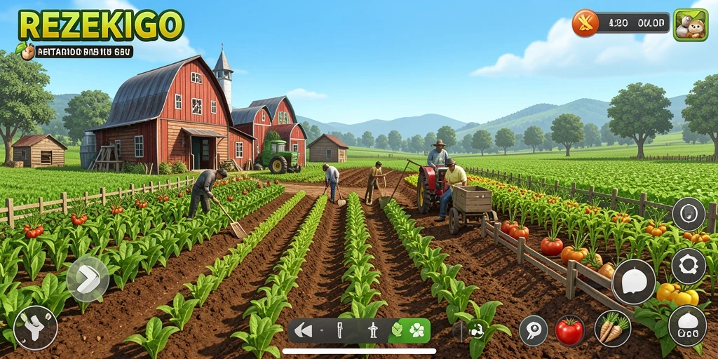 Tampilan gameplay yang menawan dalam REZEKIGO saat bertani di lahan luas.