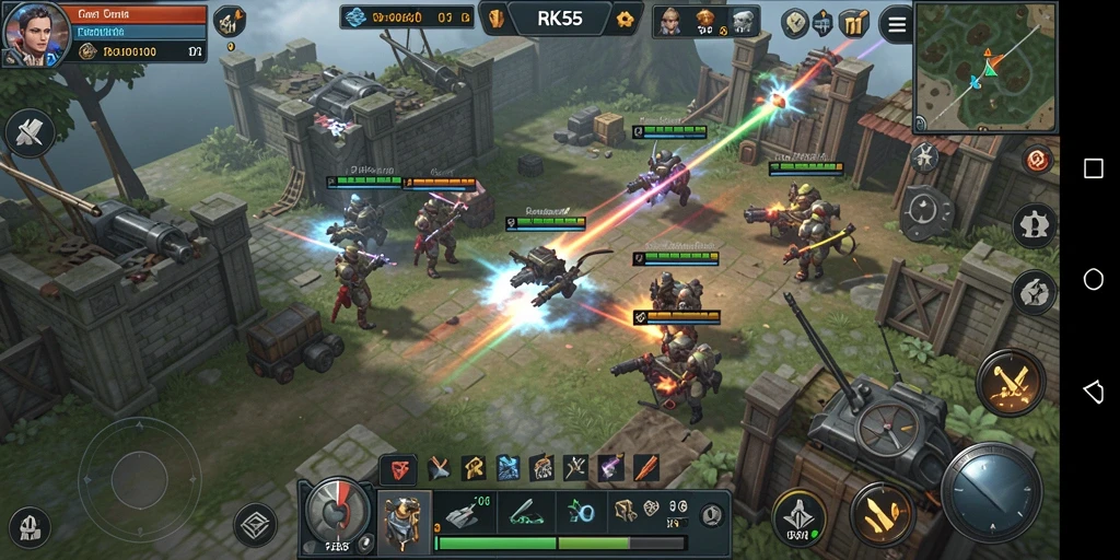Screenshot RK55 menunjukkan aksi pertempuran strategi yang seru.