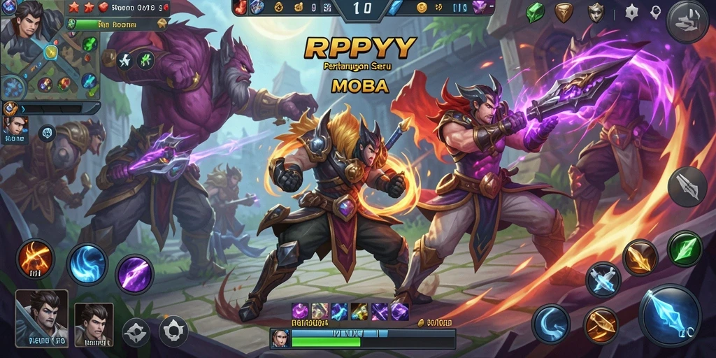 Menampilkan aksi seru dalam pertempuran MOBA.