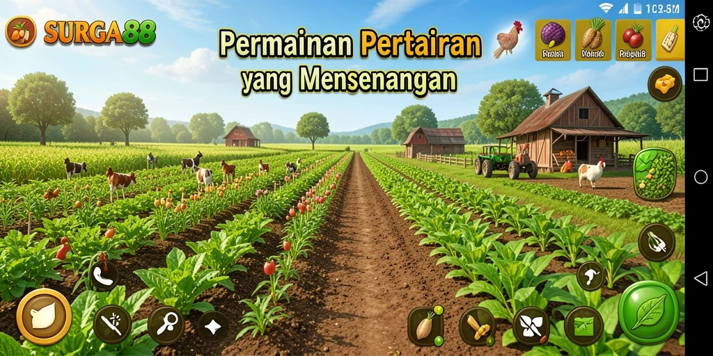 Tangkapan layar utama SURGA88 menampilkan aktivitas bercocok tanam yang seru.